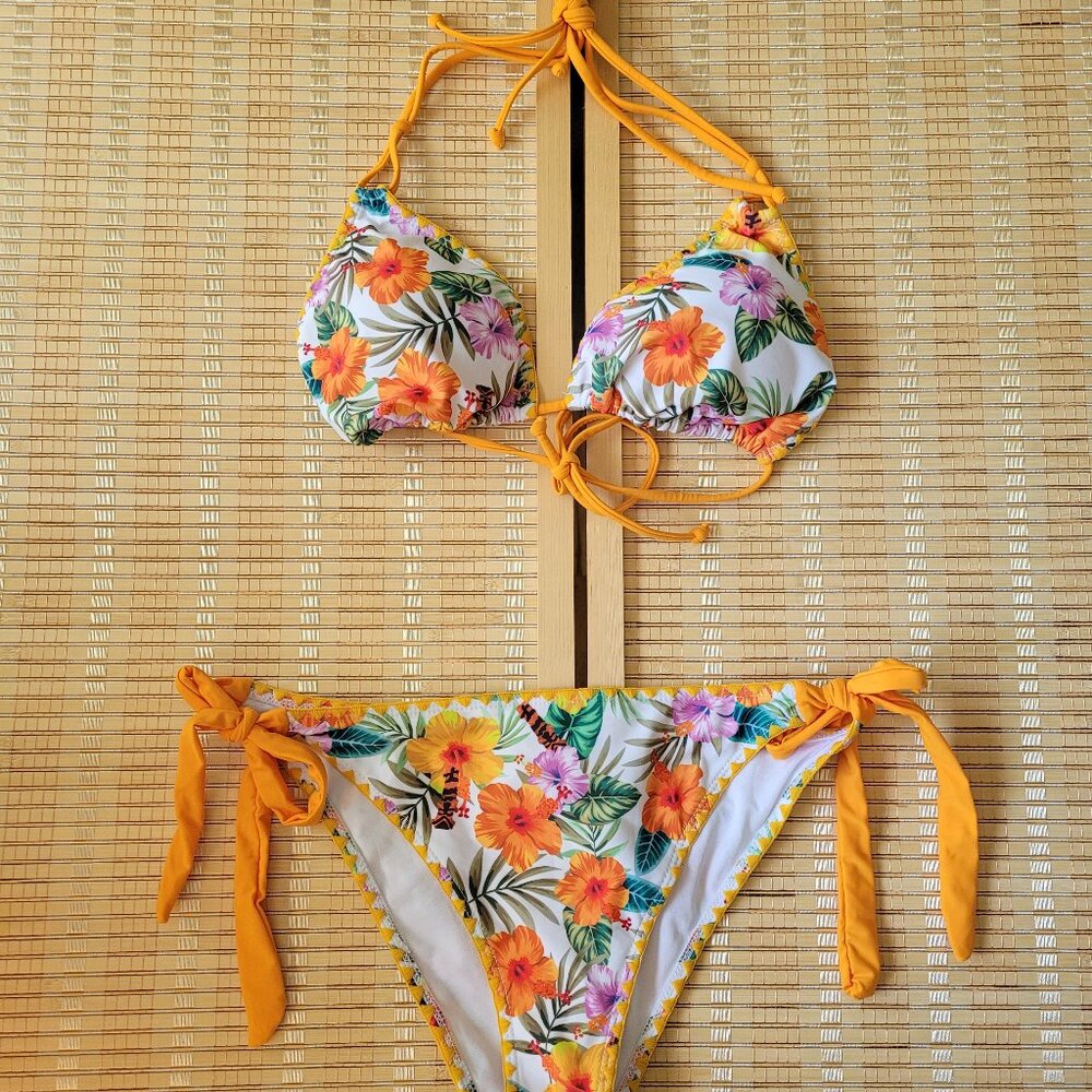 WDIRARA Tropical Print Halter Floral Bikini 2 piece